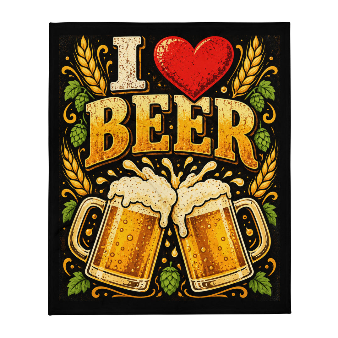 I Love Beer printed fleece blanket, front view