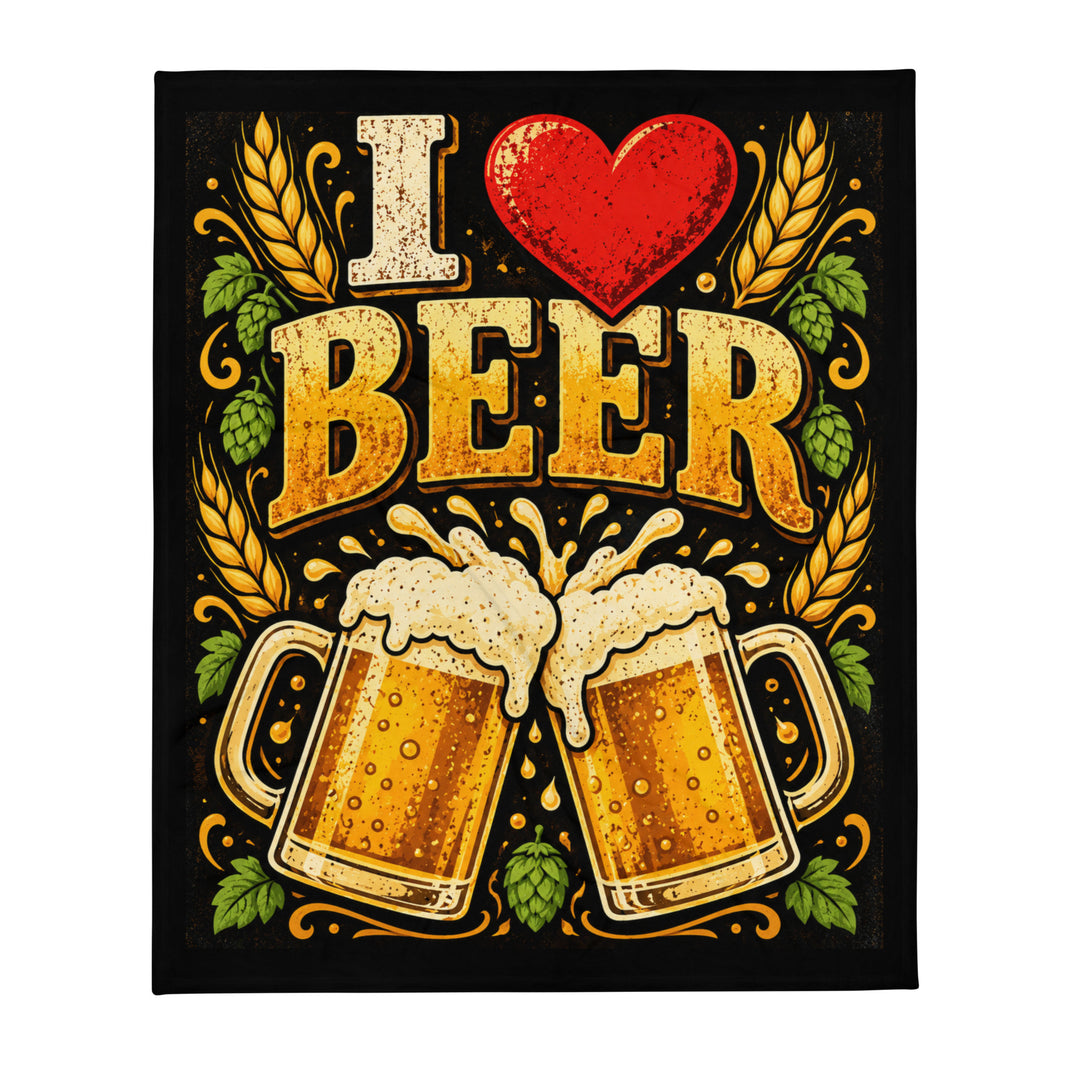I Love Beer printed fleece blanket, front view