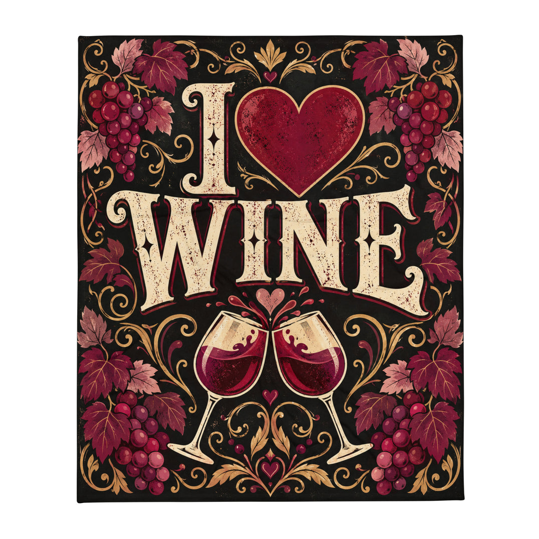 I Love Wine printed fleece blanket, front view